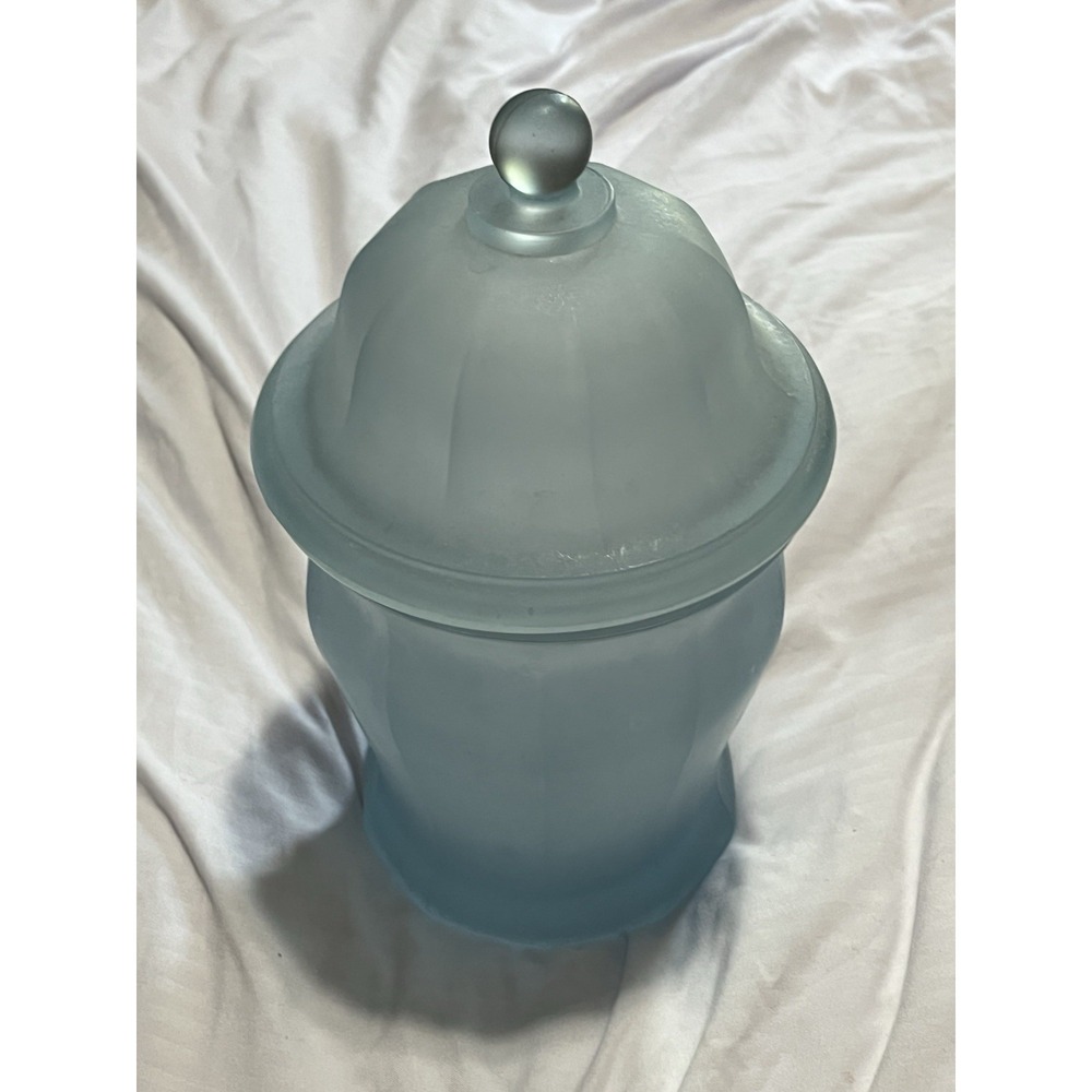 Vintage Indiana Glass Blue Satin Frosted‎ Panel Apothecary Ginger Jar w/ Lid